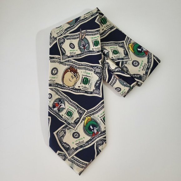 Vintage 90s Looney Tunes‎ Character Money All Over Print Men's Neck Tie - Picture 1 of 7